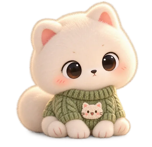 The kitten in a cozy green cable-knit sweater