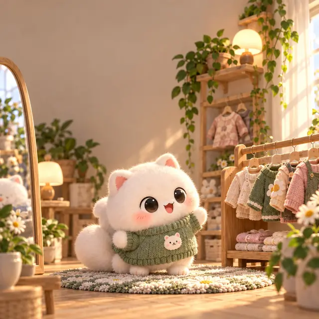 The kitten in a sweater in a little boutique full of tiny clothes